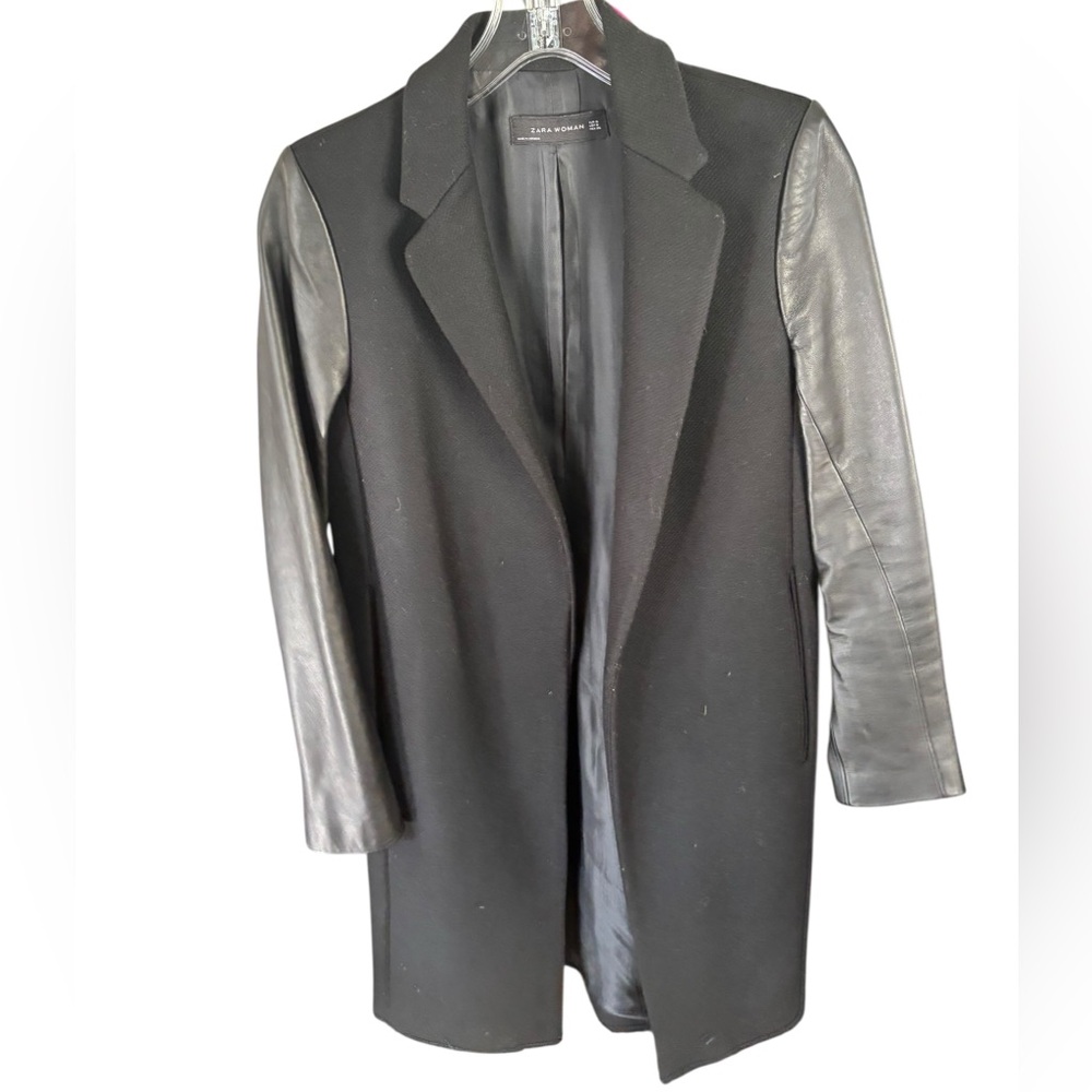 Zara Women’s Black Wool Coat with Leather Sleeves